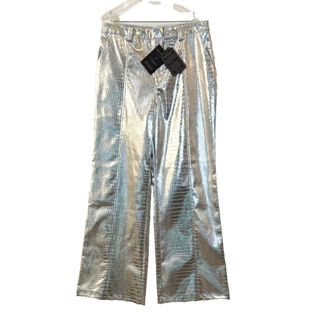 NWT Avec Les Filles Silver Faux Leather Croc Print Wide Leg High Rise Pant Sz 12